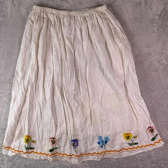 VRG GRL Womens White 100% Linen Floral Embroidered Midi Skirt with Pockets Sz 14 - Picture 3 of 10